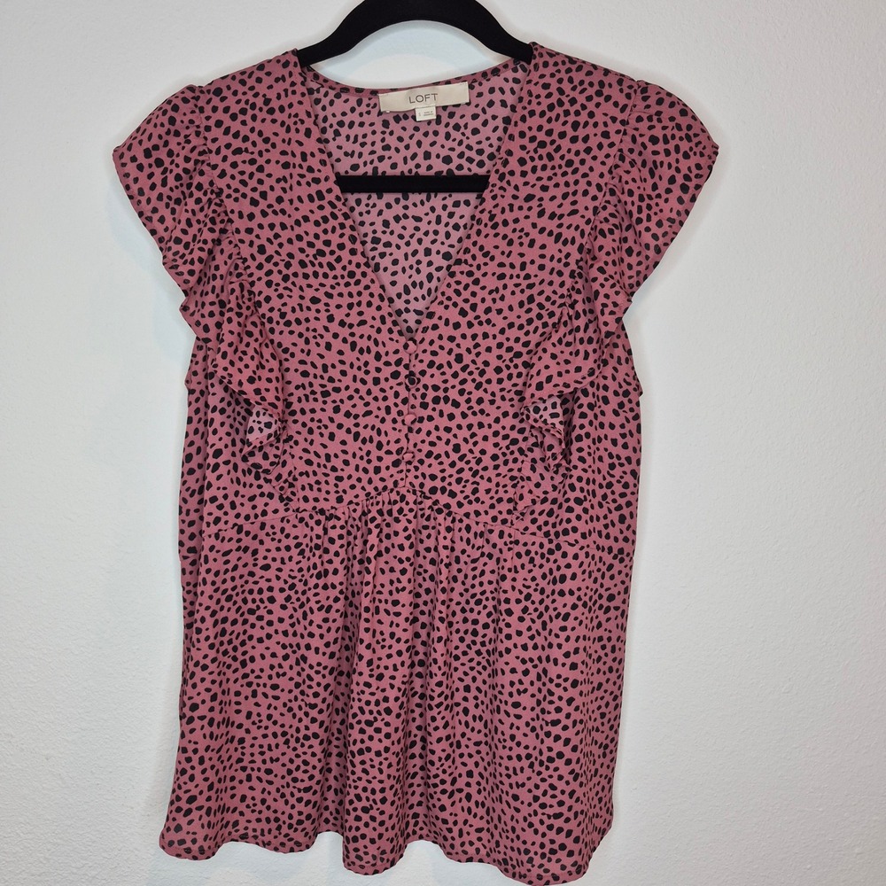 Loft Pink Animal Print Flutter Sleeve Blouse Barbiecore Workwear Office‎ Size S